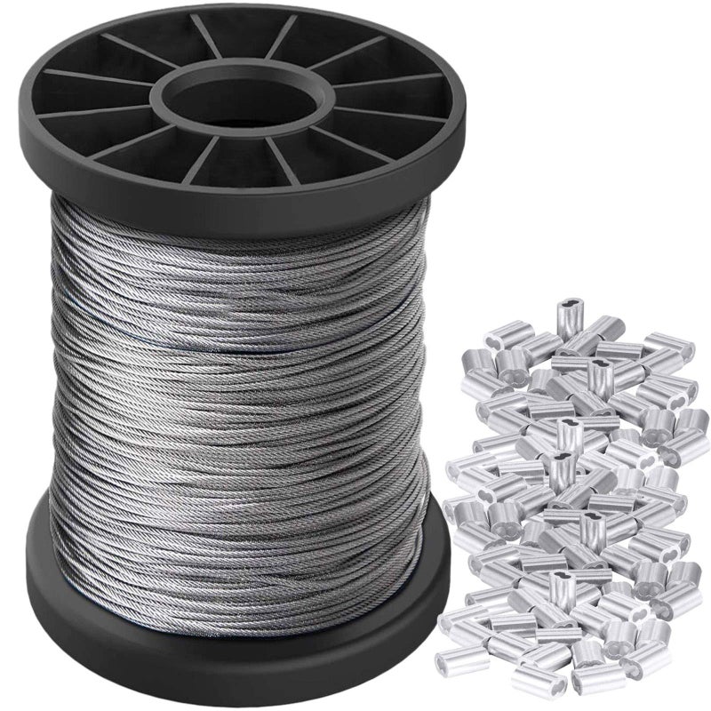 Cerpourt Picture Hanging Wire 1.5mm Up to 150lbs,100Feet(30.5M) Stainless Steel Wire Spool with 40Pcs Aluminum Crimping Loop Sleeve,Heavy Hanging Kit for Photo Frame Picture,Artwork,Mirror,String Light Hanging - Image 1